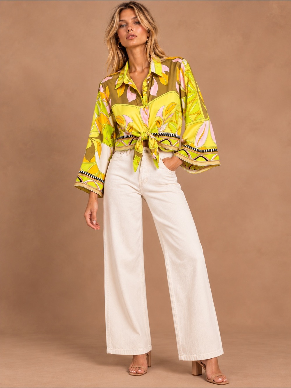 Zara Yellow Pink Floral Tie-Front Blouse